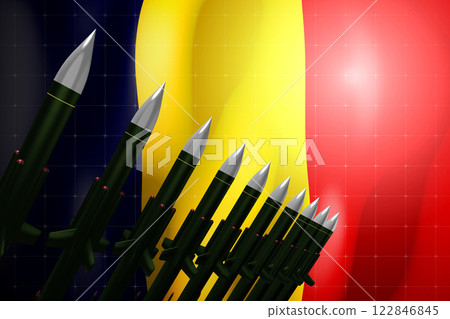 Cruise missiles, flag of Romania in background - defense concept - 3D illustration Cruise missiles, flag of Romania in background - defense concept - 3D illustration 122846845