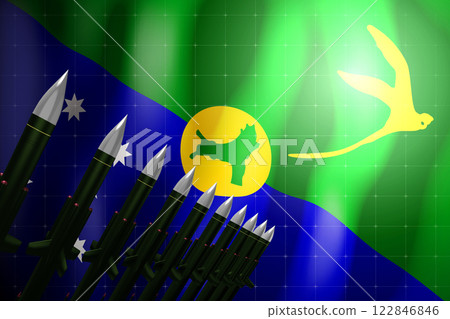 Cruise missiles, flag of Christmas Island in background - defense concept - 3D illustration Cruise missiles, flag of Christmas Island in background - defense concept - 3D illustration 122846846