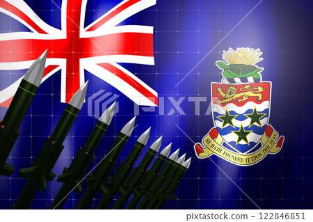 Cruise missiles, flag of Cayman Islands in background - defense concept - 3D illustration Cruise missiles, flag of Cayman Islands in background - defense concept - 3D illustration 122846851