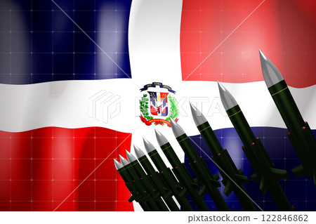 Cruise missiles, flag of Dominican Republic in background - defense concept - 3D illustration 122846862