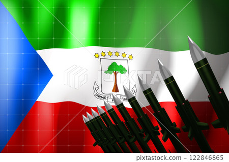 Cruise missiles, flag of Equatorial Guinea in background - defense concept - 3D illustration 122846865