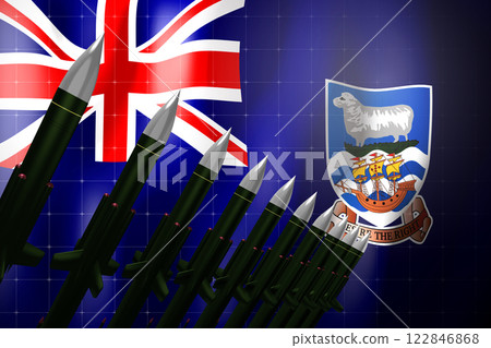 Cruise missiles, flag of Falkland Islands in background - defense concept - 3D illustration Cruise missiles, flag of Falkland Islands in background - defense concept - 3D illustration 122846868