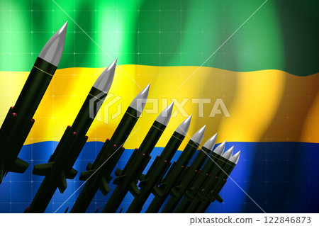 Cruise missiles, flag of Gabon in background - defense concept - 3D illustration 122846873