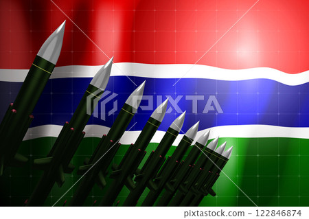 Cruise missiles, flag of Gambia in background - defense concept - 3D illustration Cruise missiles, flag of Gambia in background - defense concept - 3D illustration 122846874