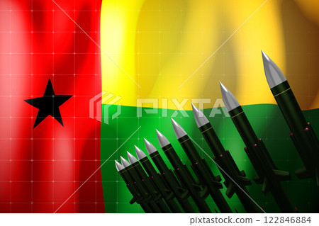 Cruise missiles, flag of Guinea Bissau in background - defense concept - 3D illustration Cruise missiles, flag of Guinea Bissau in background - defense concept - 3D illustration 122846884