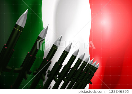 Cruise missiles, flag of Italy in background - defense concept - 3D illustration 122846895