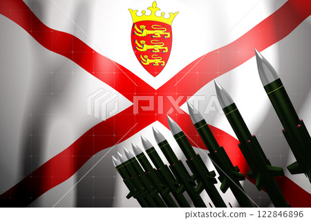 Cruise missiles, flag of Jersey in background - defense concept - 3D illustration 122846896