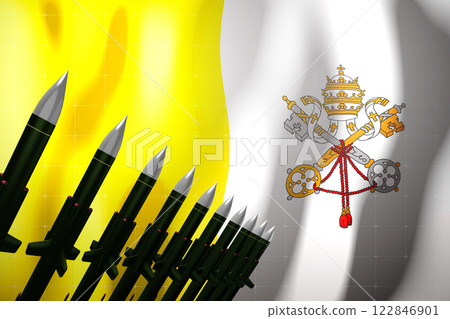 Cruise missiles, flag of Vatican in background - defense concept - 3D illustration Cruise missiles, flag of Vatican in background - defense concept - 3D illustration 122846901