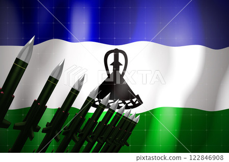 Cruise missiles, flag of Lesotho in background - defense concept - 3D illustration 122846908