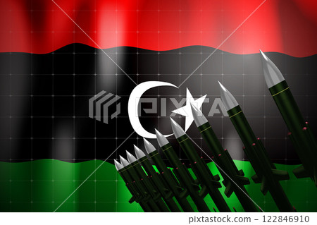 Cruise missiles, flag of Libya in background - defense concept - 3D illustration Cruise missiles, flag of Libya in background - defense concept - 3D illustration 122846910