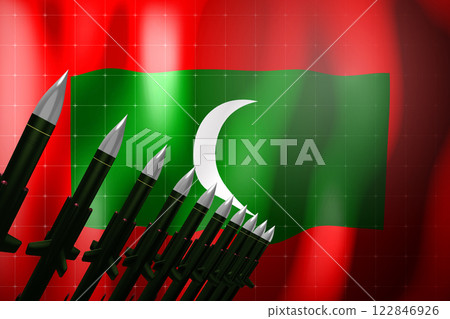 Cruise missiles, flag of Maldives in background - defense concept - 3D illustration Cruise missiles, flag of Maldives in background - defense concept - 3D illustration 122846926