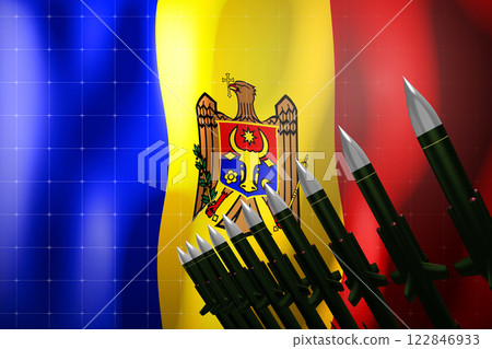 Cruise missiles, flag of Moldova in background - defense concept - 3D illustration Cruise missiles, flag of Moldova in background - defense concept - 3D illustration 122846933