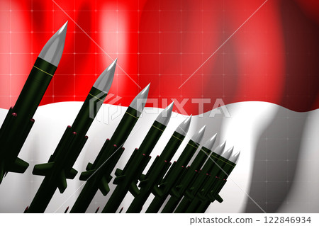 Cruise missiles, flag of Monaco in background - defense concept - 3D illustration 122846934