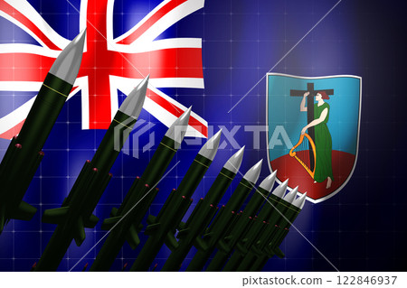 Cruise missiles, flag of Montserrat in background - defense concept - 3D illustration 122846937