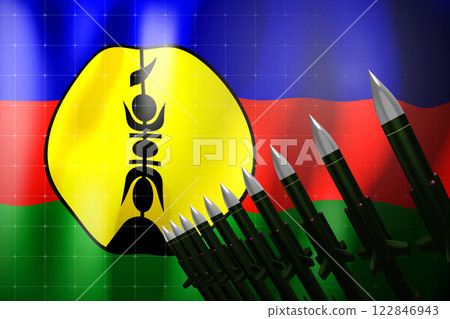 Cruise missiles, flag of New Caledonia in background - defense concept - 3D illustration 122846943