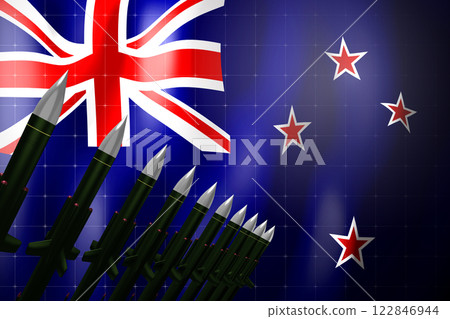 Cruise missiles, flag of New Zealand in background - defense concept - 3D illustration 122846944