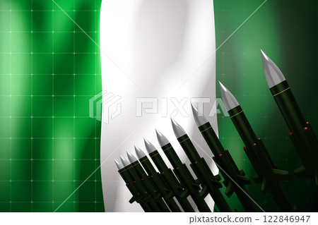 Cruise missiles, flag of Nigeria in background - defense concept - 3D illustration Cruise missiles, flag of Nigeria in background - defense concept - 3D illustration 122846947