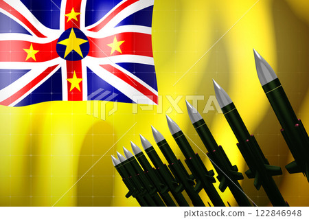 Cruise missiles, flag of Niue in background - defense concept - 3D illustration Cruise missiles, flag of Niue in background - defense concept - 3D illustration 122846948