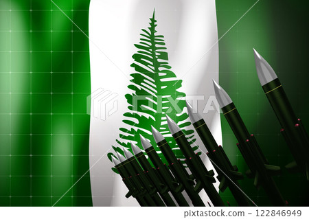 Cruise missiles, flag of Norfolk Island in background - defense concept - 3D illustration Cruise missiles, flag of Norfolk Island in background - defense concept - 3D illustration 122846949
