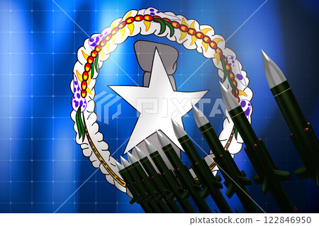 Cruise missiles, flag of Northern Mariana Islands in background - defense concept - 3D illustration Cruise missiles, flag of Northern Mariana Islands in background - defense concept - 3D illustration 122846950