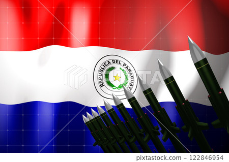 Cruise missiles, flag of Paraguay in background - defense concept - 3D illustration 122846954