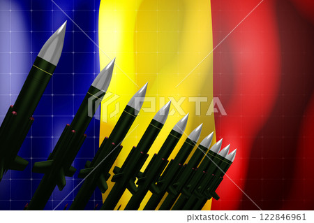Cruise missiles, flag of Romania in background - defense concept - 3D illustration Cruise missiles, flag of Romania in background - defense concept - 3D illustration 122846961