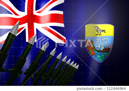 Cruise missiles, flag of Saint Barthelemy in background - defense concept - 3D illustration 122846964