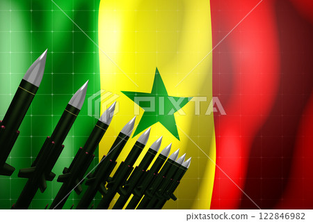 Cruise missiles, flag of Senegal in background - defense concept - 3D illustration Cruise missiles, flag of Senegal in background - defense concept - 3D illustration 122846982