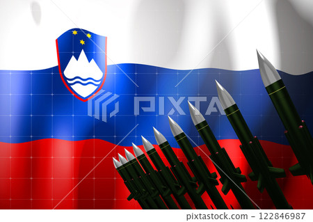 Cruise missiles, flag of Slovenia in background - defense concept - 3D illustration 122846987