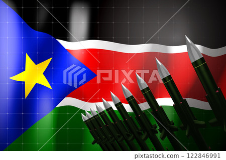 Cruise missiles, flag of South Sudan in background - defense concept - 3D illustration Cruise missiles, flag of South Sudan in background - defense concept - 3D illustration 122846991