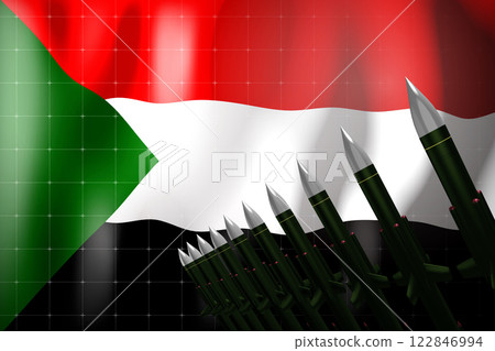 Cruise missiles, flag of Sudan in background - defense concept - 3D illustration Cruise missiles, flag of Sudan in background - defense concept - 3D illustration 122846994