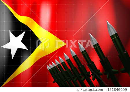 Cruise missiles, flag of Timor Leste in background - defense concept - 3D illustration Cruise missiles, flag of Timor Leste in background - defense concept - 3D illustration 122846999