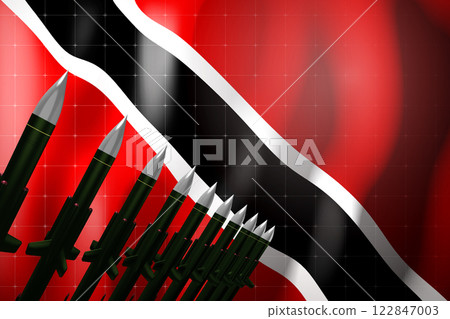 Cruise missiles, flag of Trinidad and Tobago in background - defense concept - 3D illustration Cruise missiles, flag of Trinidad and Tobago in background - defense concept - 3D illustration 122847003