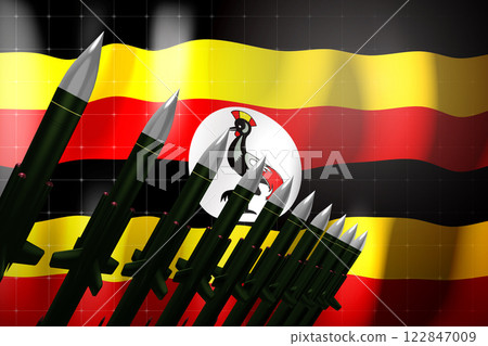 Cruise missiles, flag of Uganda in background - defense concept - 3D illustration Cruise missiles, flag of Uganda in background - defense concept - 3D illustration 122847009