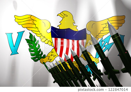 Cruise missiles, flag of American Virgin Islands in background - defense concept - 3D illustration 122847014