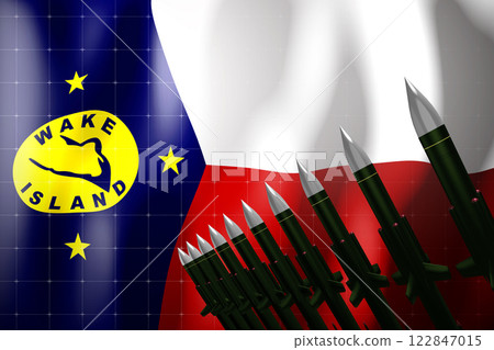Cruise missiles, flag of Wake Island in background - defense concept - 3D illustration 122847015