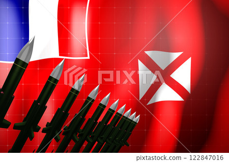 Cruise missiles, flag of Wallis and Futuna in background - defense concept - 3D illustration 122847016