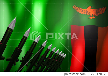 Cruise missiles, flag of Zambia in background - defense concept - 3D illustration 122847017