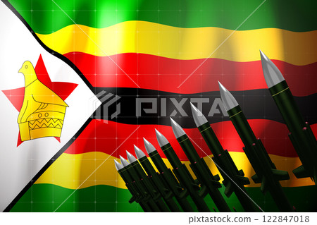 Cruise missiles, flag of Zimbabwe in background - defense concept - 3D illustration 122847018
