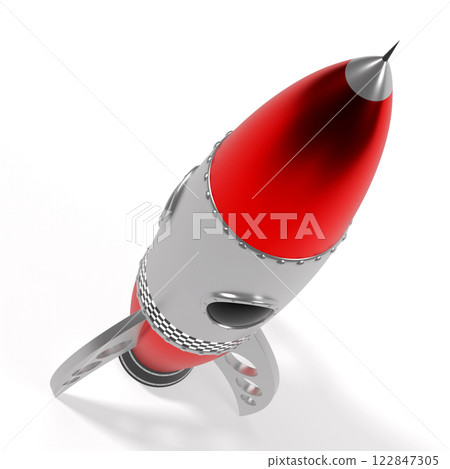 Silver and red toy rocket - 3D illustration 122847305