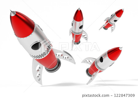 Silver and red toy rockets - 3D illustration Silver and red toy rockets - 3D illustration 122847309