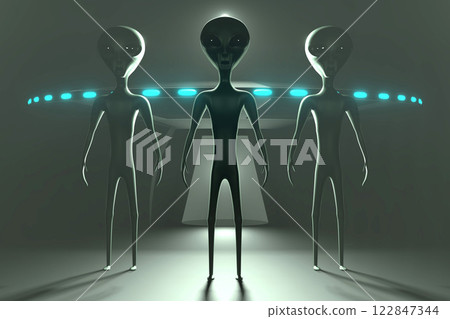Three aliens, spaceship and mystic fog 122847344