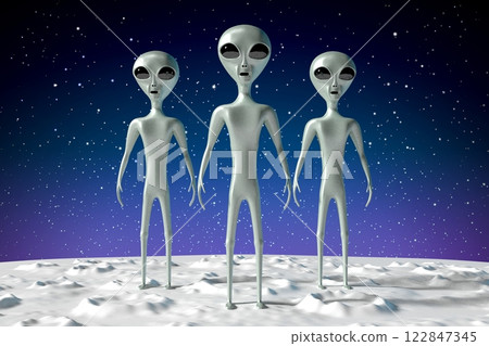 Three green aliens on planet with craters and night sky 122847345