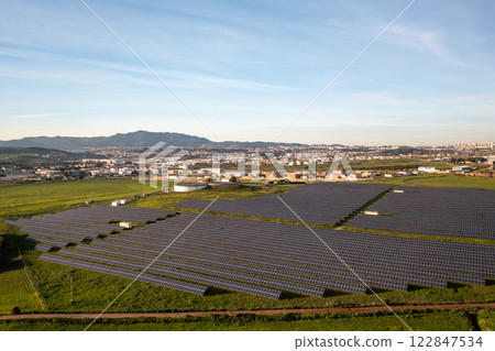 Drone view of solar panels on agricultural Drone view of solar panels on agricultural 122847534