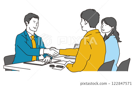 一對夫婦握手達成商業交易的簡單圖示 一對夫婦握手達成商業交易的簡單圖示 122847571