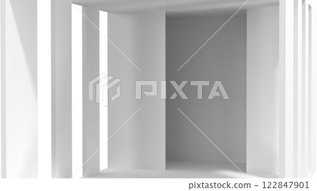 minimalist white interior with geometric walls and soft shadows 122847901