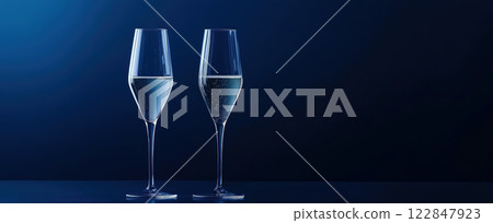Two coupe glasses filled with champagne against a dark blue background. Two coupe glasses filled with champagne against a dark blue background. 122847923