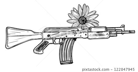 AK-47 rifle with a wooden texture and a flower symbolizing peace. 122847945