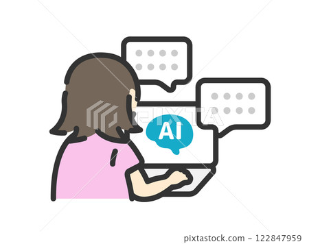 Illustration of a woman's back view (line drawing color) using AI to work 122847959