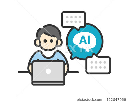 Illustration of a man (line drawing color) seen from the front, using AI to work 122847966